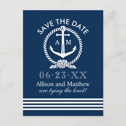 ネイビ航海のーブルーいかり結婚式の日付を保存 案内ポストカード (正面)