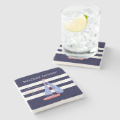 ネイビ航海のーブルーとホワイトストライプズ&セーリングボート ストーンコースター (横)