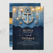 ネイビ航海のーブルーと金ゴールドいかり結婚ズ 招待状 (正面/裏面)