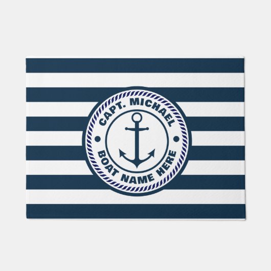ネイビ航海のーブルーカスタムボートネームWelcome Aboard ドアマット (正面)