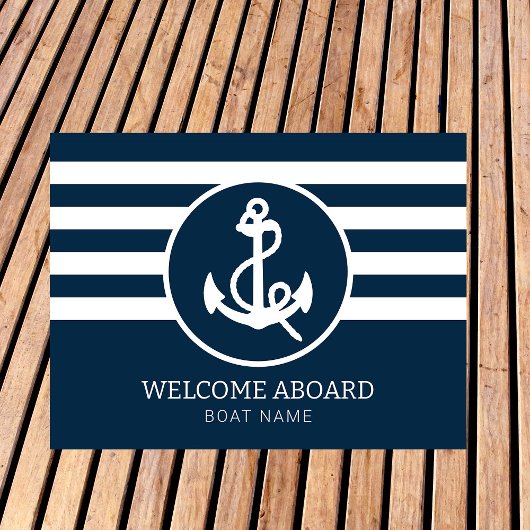 ネイビ航海のーブルーカスタムボートネームWelcome Aboard ドアマット