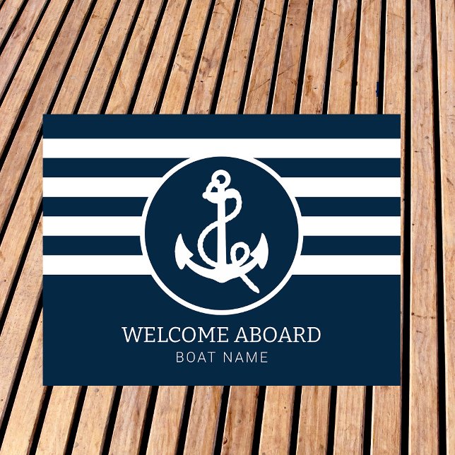 ネイビ航海のーブルーカスタムボートネームWelcome Aboard ドアマット (クリエイターアップロード済み)