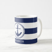 ネイビ航海のーブルーストライプいかりパーソナライズされた コーヒーマグカップ (正面右)