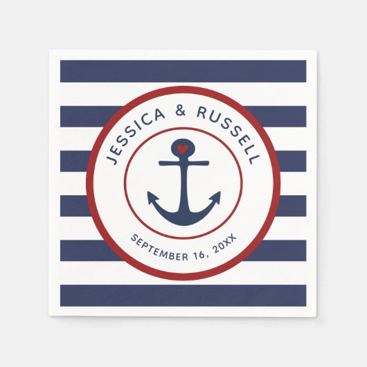 ネイビ航海のーブルーストライプいかり紙 スタンダードカクテルナプキン (正面)