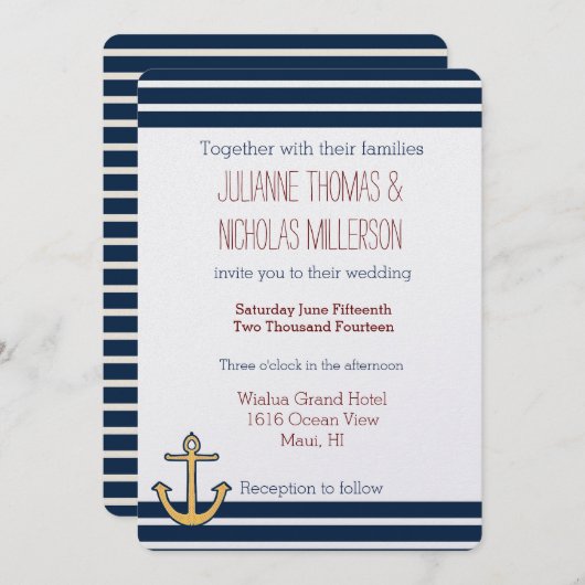 ネイビ航海のーブルーストライプいかり結婚ズ 招待状 (正面/裏面)