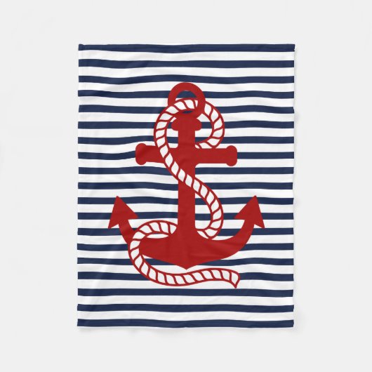 ネイビ航海のーブルーストライプホワイトいかり フリースブランケット (正面)
