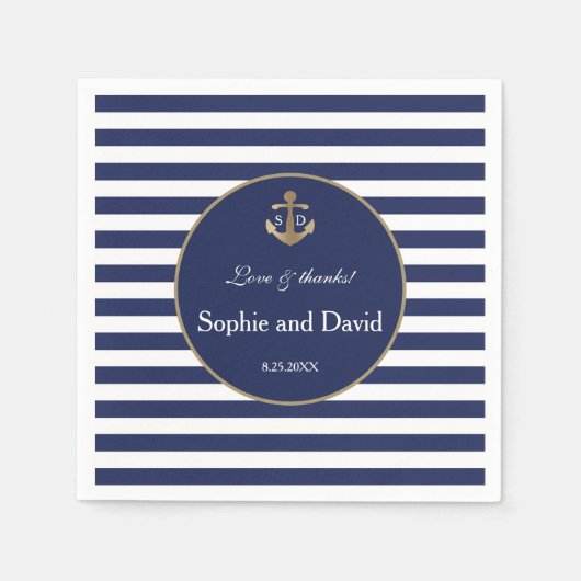 ネイビ航海のーブルーストライプ金ゴールド結婚いかり スタンダードカクテルナプキン (正面)