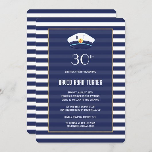 ネイビ航海のーブルーストライプ金ゴールド誕生会 招待状 (正面/裏面)