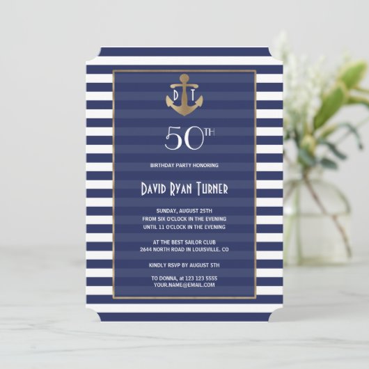 ネイビ航海のーブルーストライプ金ゴールド誕生会 招待状 (スタンド正面)
