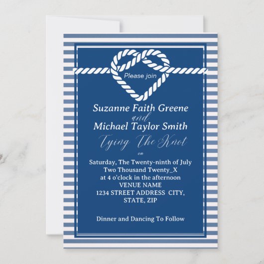 ネイビ航海のーブルータイストライプグ結び結婚目 招待状 (正面)