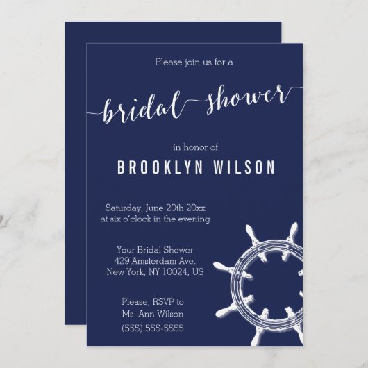 ネイビ航海のーブルーブライダルシャワー招待状 招待状 (正面/裏面)