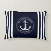 ネイビ航海のーブルーホワイトいかりストライプボート名 アクセントクッション (裏面)