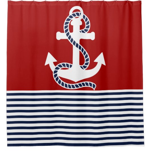 ネイビ航海のーブルー白ストライプとブルーいかり シャワーカーテン (正面)