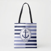 ネイビ航海のーブルー船いかりネイビーブルーストライプル トートバッグ (正面)