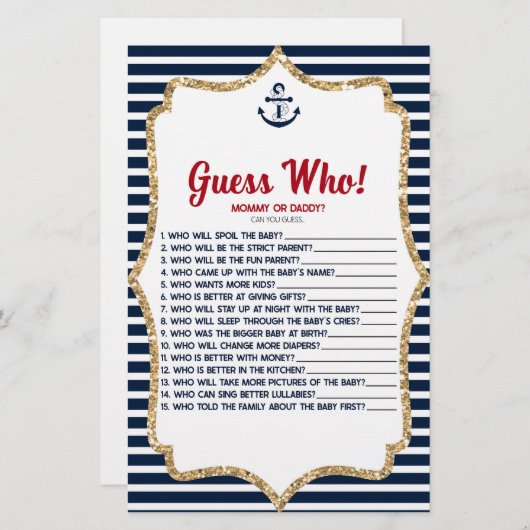 ネイビ航海のーブルー誰を当てろ!赤ちゃんシャワーゲーム 便箋 (正面/裏面)