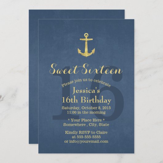 ネイビ航海のーブルー金ゴールドいかりスウィート16 招待状 (正面/裏面)