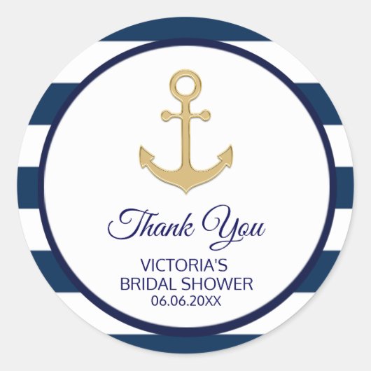 ネイビ航海のーブルー金ゴールドストライプブライダルシャワー ラウンドシール (正面)