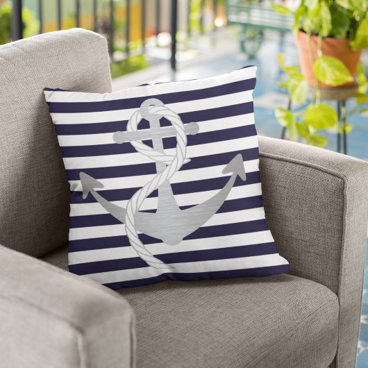 ネイビ航海のーブルー&シルバーいかりセーリング クッション