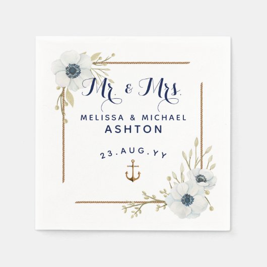 ネイビ航海のーブルー&ホワイトアネモネ結婚ズ スタンダードカクテルナプキン (正面)