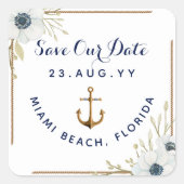 ネイビ航海のーブルー&ホワイトアネモンいかり結婚ズ スクエアシール (正面)