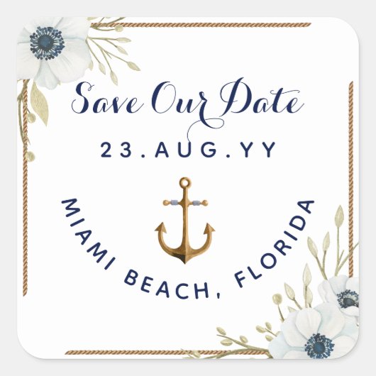 ネイビ航海のーブルー&ホワイトアネモンいかり結婚ズ スクエアシール (正面)