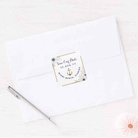 ネイビ航海のーブルー&ホワイトアネモンいかり結婚ズ スクエアシール (封筒)