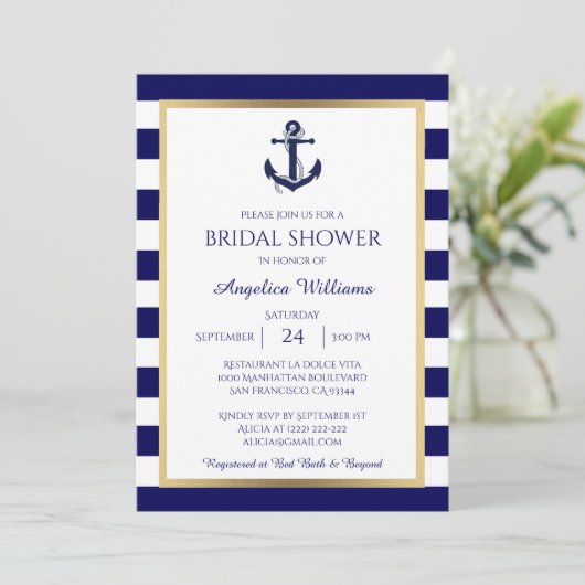 ネイビ航海のーブルー/ホワイトブライダルシャワー招待状 招待状 (スタンド正面)