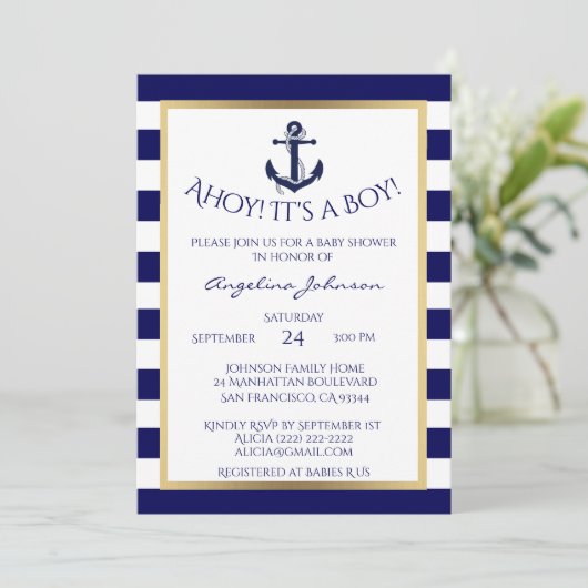 ネイビ航海のーブルー/ホワイトBOYベビーシャワー招待状 招待状 (スタンド正面)