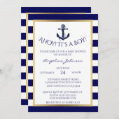 ネイビ航海のーブルー/ホワイトBOYベビーシャワー招待状 招待状 (正面/裏面)