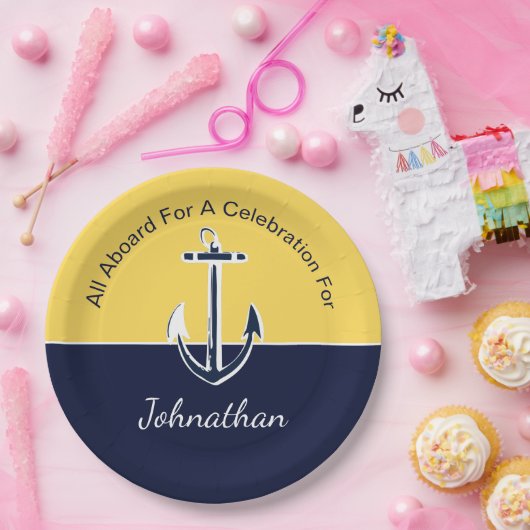 ネイビ航海のーブルー&マスタードイエローいかりパーティー ペーパープレート (パーティー)