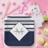 ネイビ航海のーモダンブルーグレーストライプモノグラム ペーパープレート (パーティー)