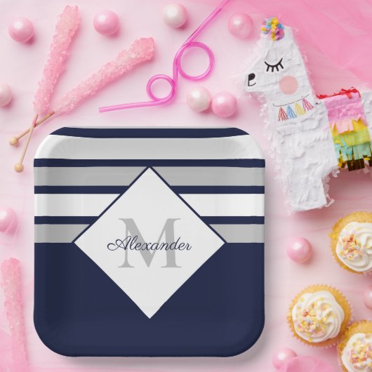 ネイビ航海のーモダンブルーグレーストライプモノグラム ペーパープレート (パーティー)