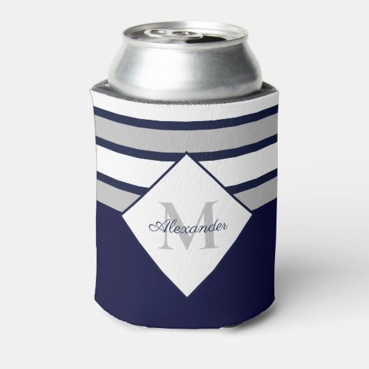 ネイビ航海のーモダンブルーグレーストライプモノグラム 缶クーラー (缶裏面)