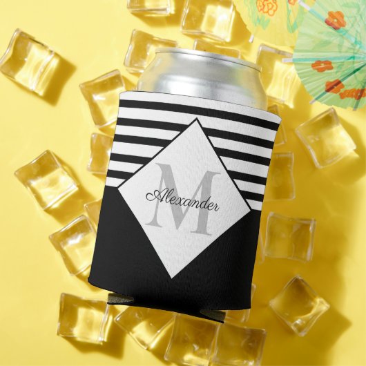 ネイビ航海のーモダンブルーグレーストライプモノグラム 缶クーラー (インサイチュ 夏)