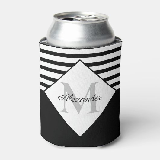 ネイビ航海のーモダンブルーグレーストライプモノグラム 缶クーラー (缶正面)