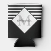 ネイビ航海のーモダンブルーグレーストライプモノグラム 缶クーラー (正面)