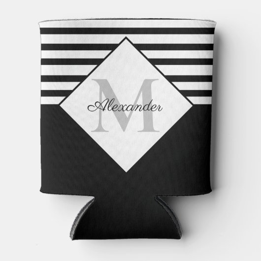 ネイビ航海のーモダンブルーグレーストライプモノグラム 缶クーラー (正面)