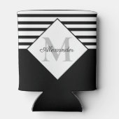 ネイビ航海のーモダンブルーグレーストライプモノグラム 缶クーラー (裏面)