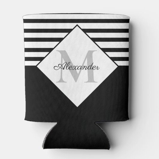 ネイビ航海のーモダンブルーグレーストライプモノグラム 缶クーラー (裏面)