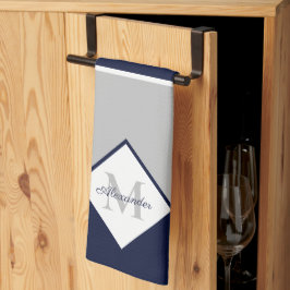 ネイビ航海のーモダンブルーグレーモノグラム キッチンタオル