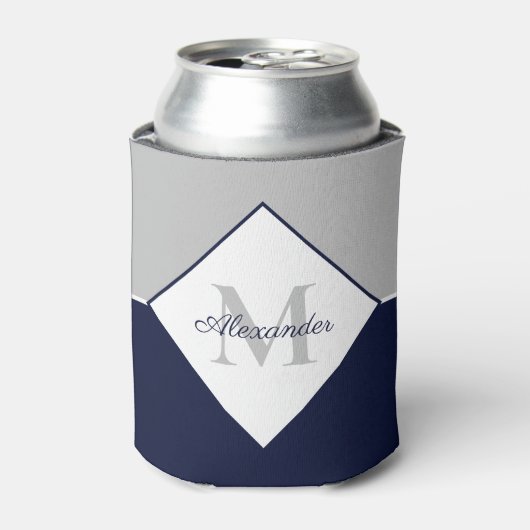 ネイビ航海のーモダンブルーグレーモノグラム 缶クーラー (缶正面)