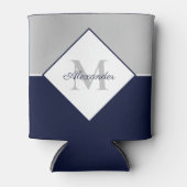 ネイビ航海のーモダンブルーグレーモノグラム 缶クーラー (正面)