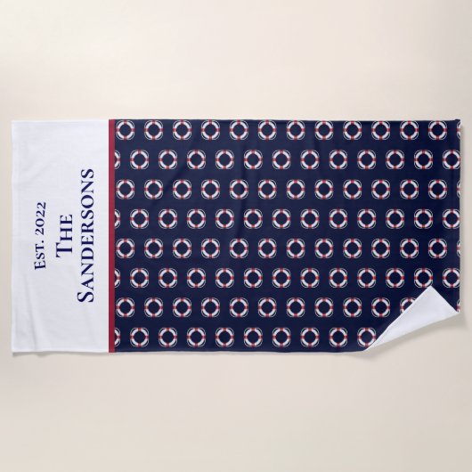 ネイビ航海のーモダンブルーモノグラムライフプレサーバ ビーチタオル (正面)