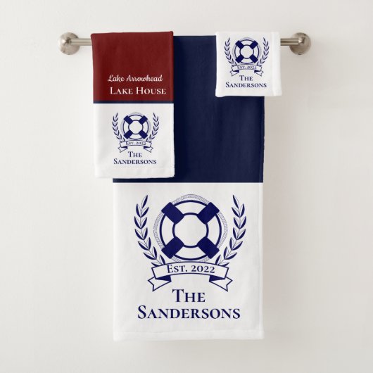 ネイビ航海のーモダンブルーモノグラムレイクハウスバス バスタオルセット (インサイチュ)