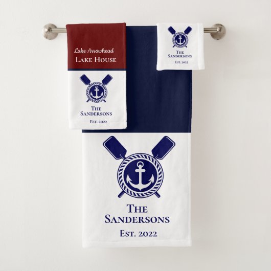 ネイビ航海のーモダンブルーモノグラムレイクハウス バスタオルセット (インサイチュ)