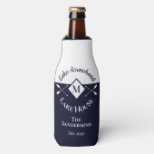 ネイビ航海のーモダンブルーモノグラムレイクハウス ボトルクーラー (ボトル正面)