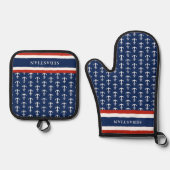 ネイビ航海のーモノグラムのブルーレッドホワイトいかり 鍋つかみ&鍋敷きセット (正面)