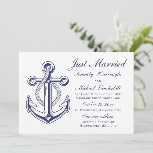 ネイビ航海のー結婚ブルーいかりたった今結婚しました 招待状 (スタンド正面)