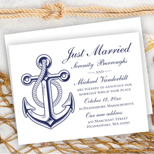ネイビ航海のー結婚ブルーいかりたった今結婚しました 招待状
