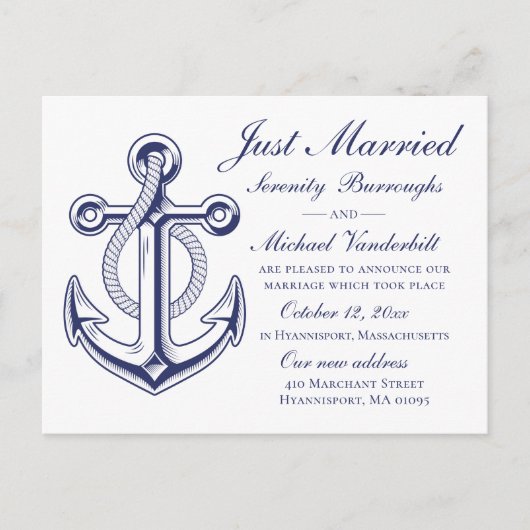 ネイビ航海のー結婚ブルーいかりたった今結婚しました 案内ポストカード (正面)